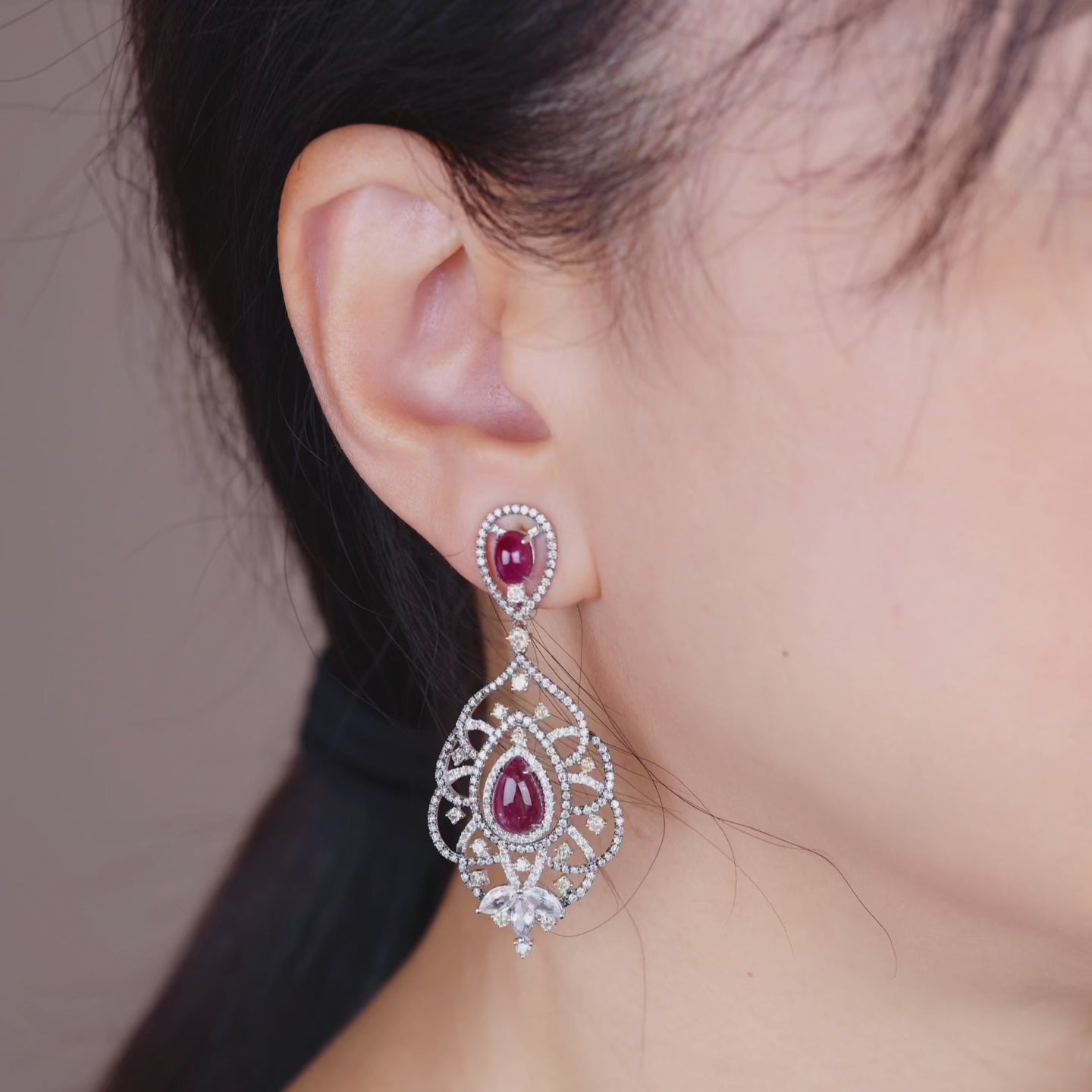 18K Gold Diamond and Ruby Drop Earrings