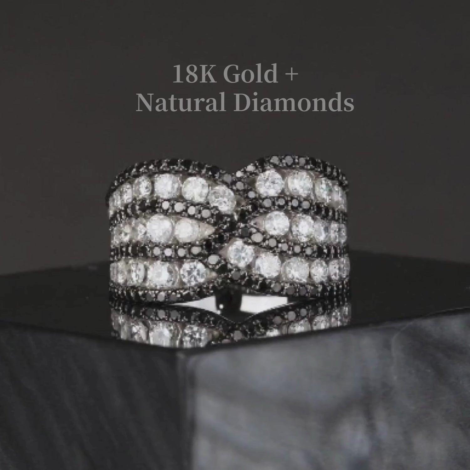 18K Gold Curved Black Diamond Statement Ring
