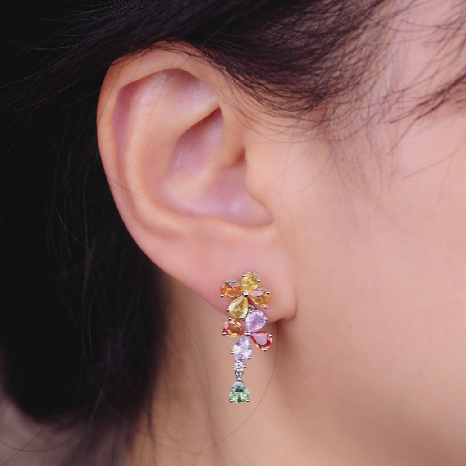 18K Gold Fancy Sapphire and Diamond Flower Earrings