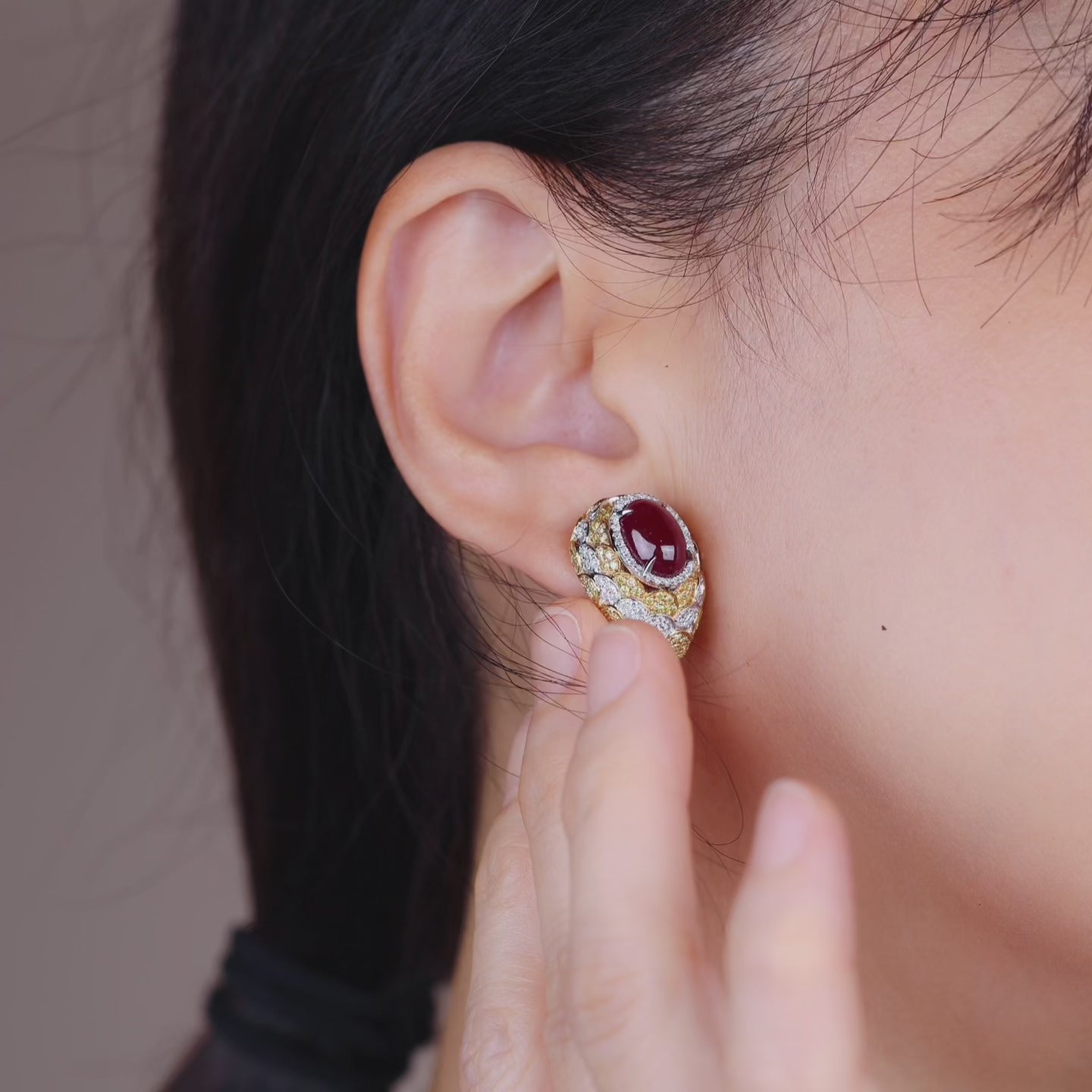 18K Gold Diamond and Ruby Hoop Earrings