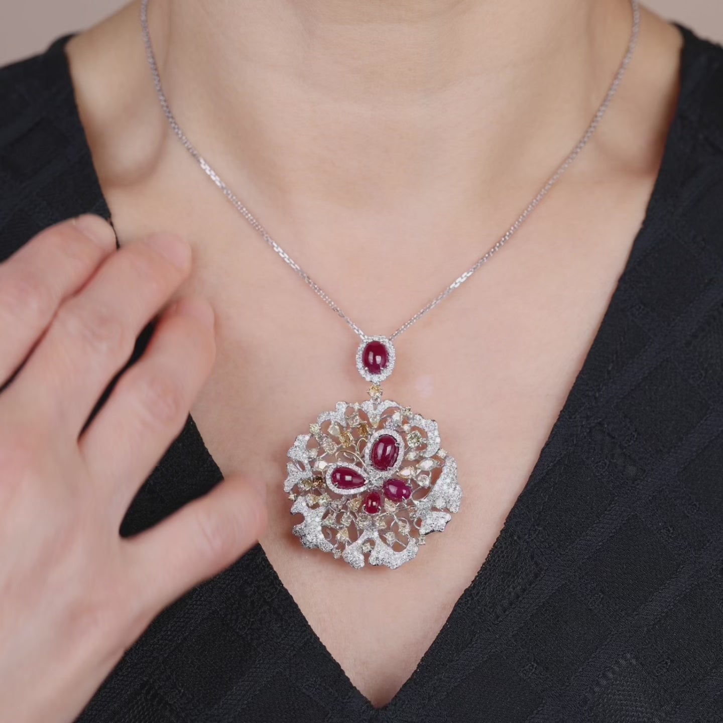 18K Gold Diamond and Ruby Floral Pendant