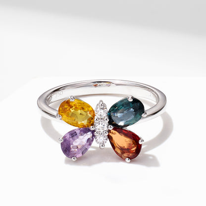 Multi-Colored Sapphire &amp; Diamond Butterfly Ring