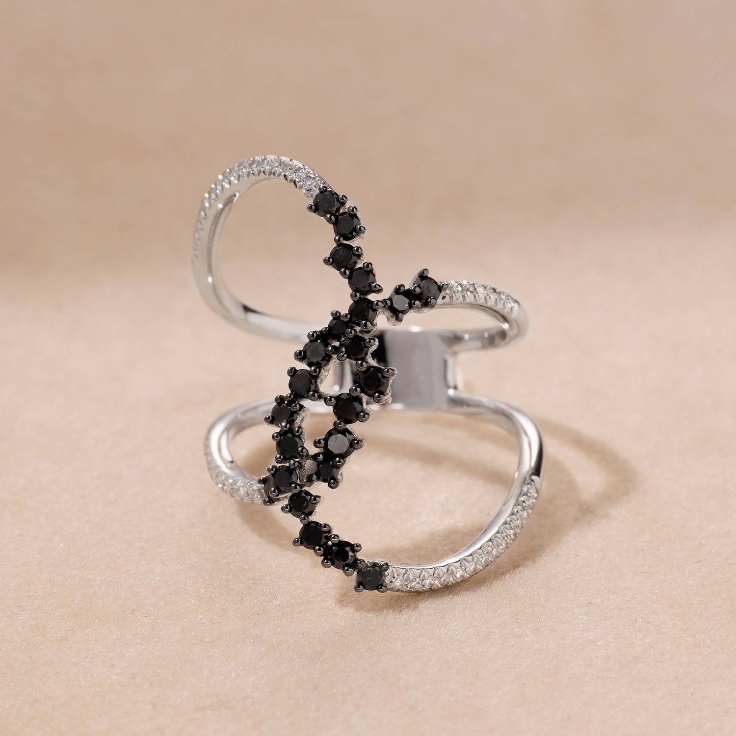 14K Gold X-Curved Statement Ring with White and Black Diamonds