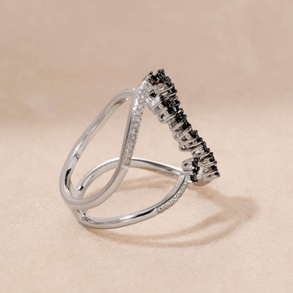 14K Gold X-Curved Statement Ring with White and Black Diamonds